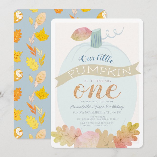 Little Pumpkin Baby Blue Boy 1st Birthday Invitation (Front/Back)