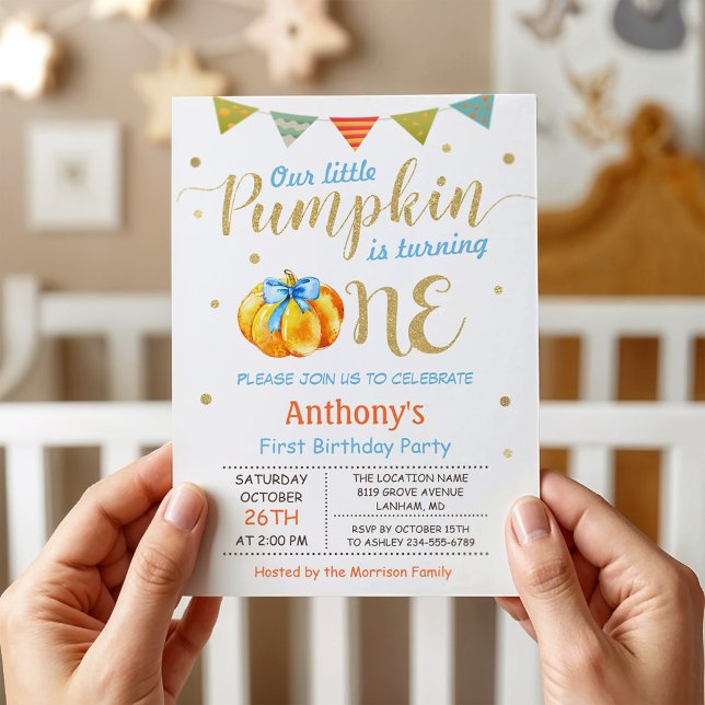 Little Pumpkin Baby Boy First Birthday Party Invitation (Creator Uploaded)