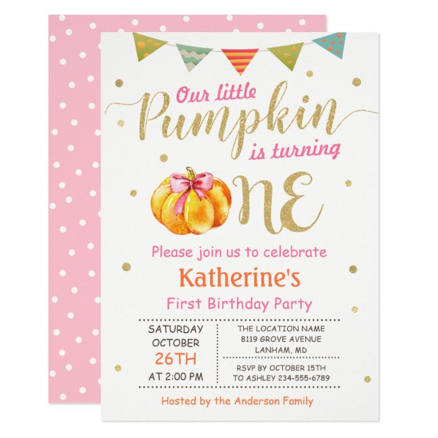 Little Pumpkin Baby Girl First Birthday Party Invitation