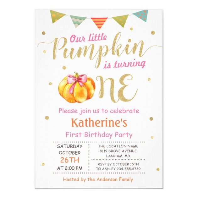 Little Pumpkin Baby Girl First Birthday Party Invitation