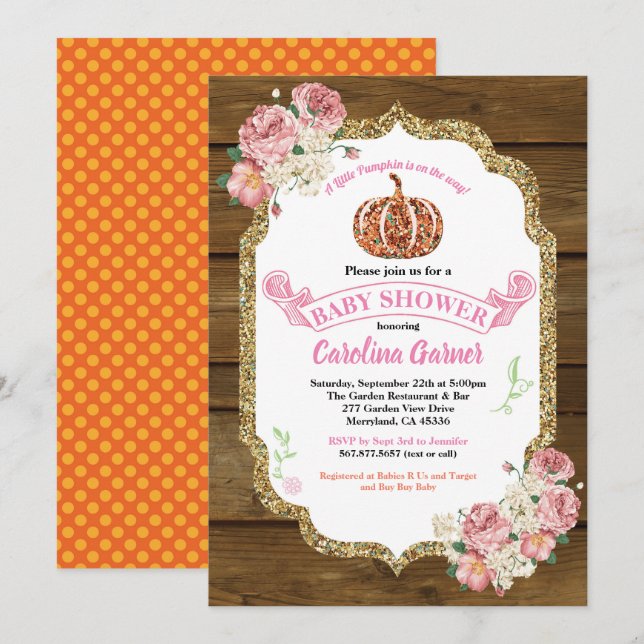 Little pumpkin baby girl shower invitation rustic (Front/Back)