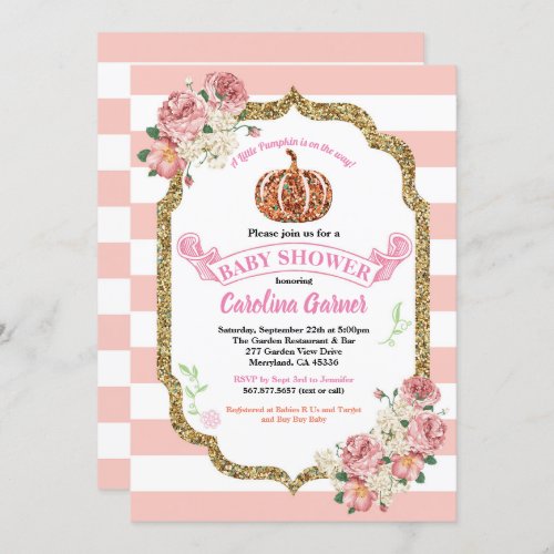 Little pumpkin baby girl shower pink and gold invitation