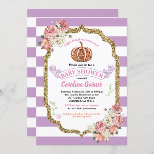 Little pumpkin baby girl shower purple and gold invitation