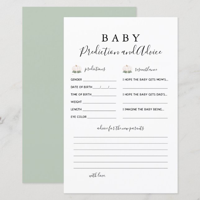 Little Pumpkin Baby Prediction and Advice Cards (Front/Back)