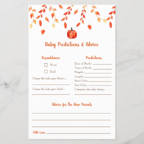 Little Pumpkin Baby Shower Baby Predictions Advice Flyer