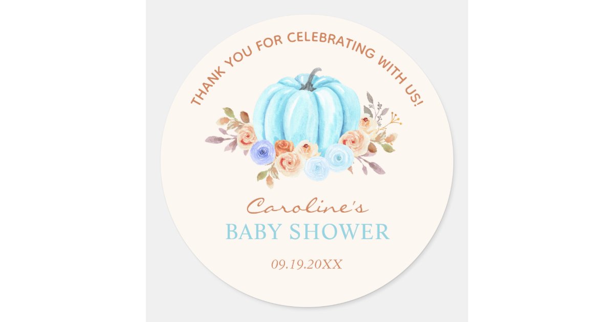 Little Pumpkin Baby Shower Blue Boy Classic Round Sticker | Zazzle