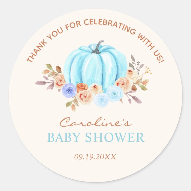 Little Pumpkin Baby Shower Blue Boy Classic Round Sticker (Front)