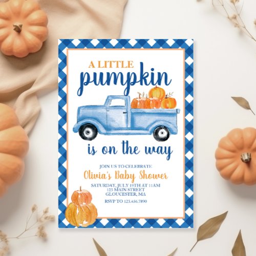 Little Pumpkin Baby Shower Blue truck Fall Invitation