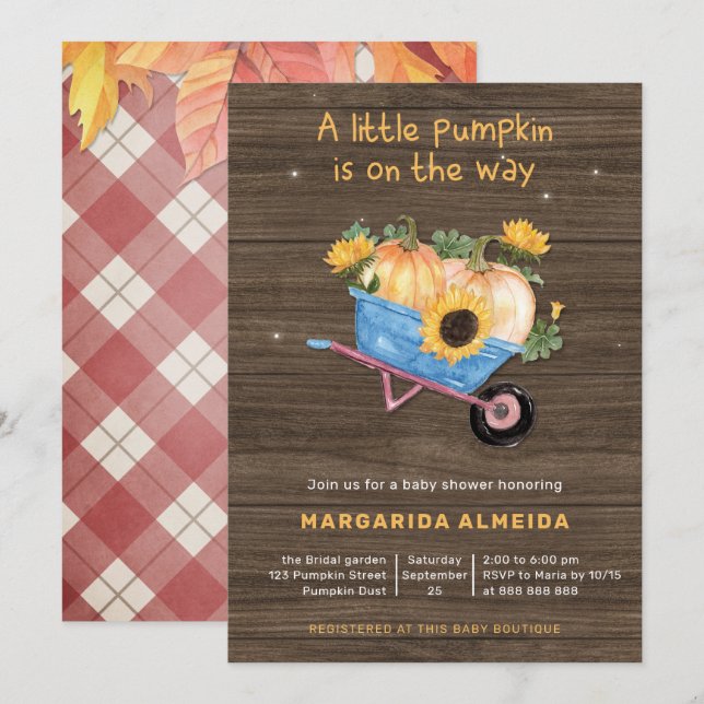 Little Pumpkin Baby Shower Boy Rustic Fall Plaid Invitation (Front/Back)