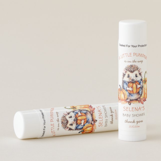 Little pumpkin baby shower favors hedgehog lip balm (Front)