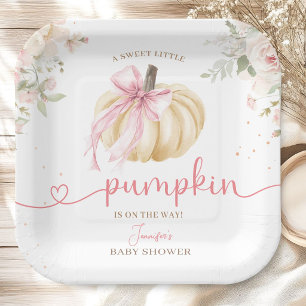 Little Pumpkin Baby Shower Girl Pink Bow Paper Plates
