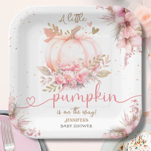 Little Pumpkin Baby Shower Girl Pink Fall Autumn Paper Plates | Zazzle