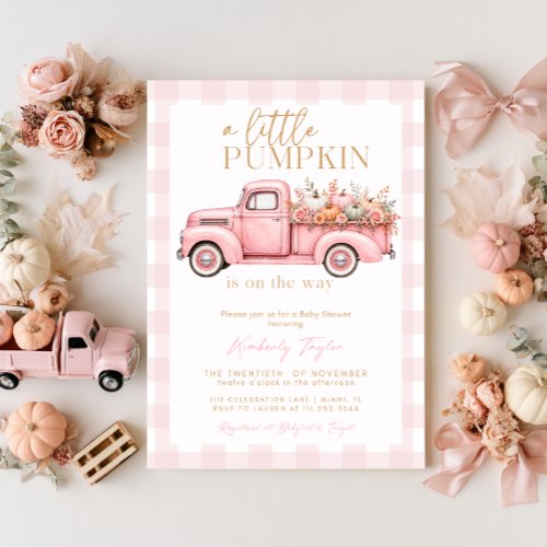 Little Pumpkin Baby Shower Girl Pink Truck Fall Invitation