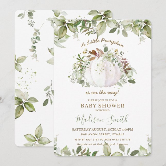 Little Pumpkin Baby Shower Greenery Gender Neutral Invitation (Front/Back)