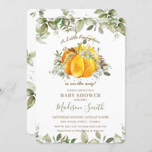 Little Pumpkin Baby Shower Greenery Gender Neutral Invitation