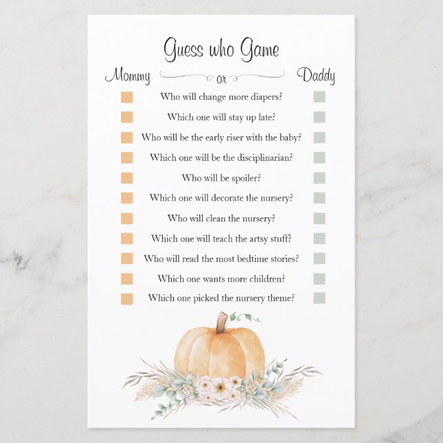 Little Pumpkin Baby Shower "Guess Who" Game (Front)