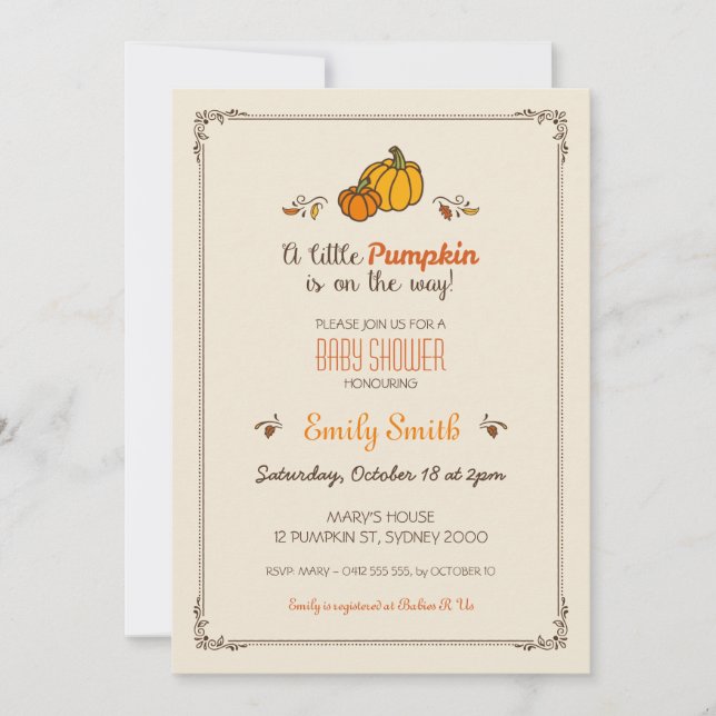 Little Pumpkin Baby Shower Invitation (Front)
