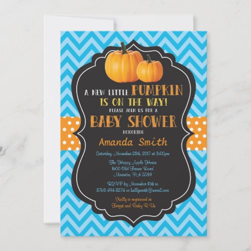 Little Pumpkin Baby Shower Invitation Blue Chevron