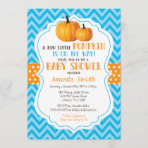 Little Pumpkin Baby Shower Invitation Blue Chevron