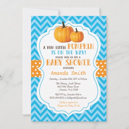 Little Pumpkin Baby Shower Invitation Blue Chevron
