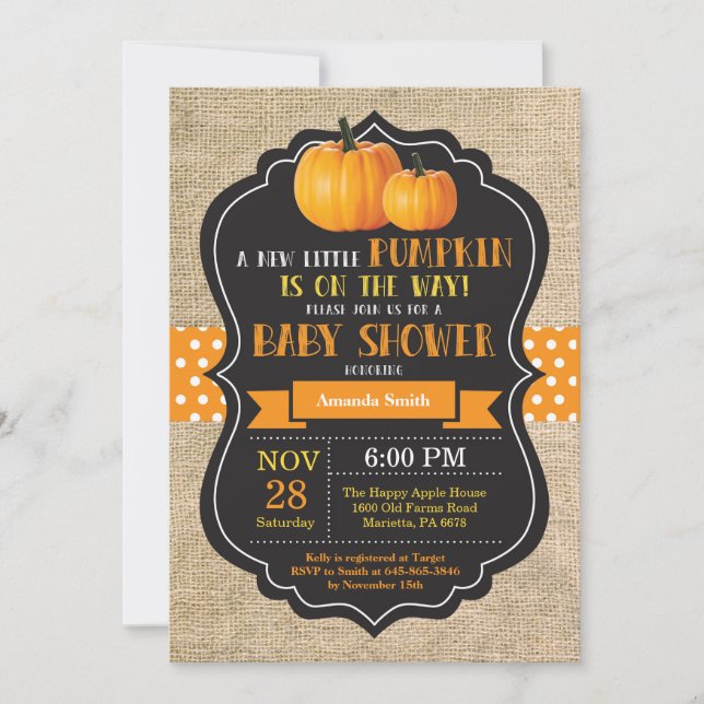 Little Pumpkin Baby Shower Invitation Card Burlap (Front)