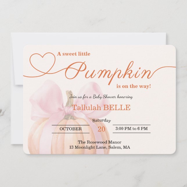 Little Pumpkin Baby Shower Invitation – Pink Bow (Front)