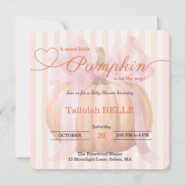 Little Pumpkin Baby Shower Invitation – Pink Bow (Front)