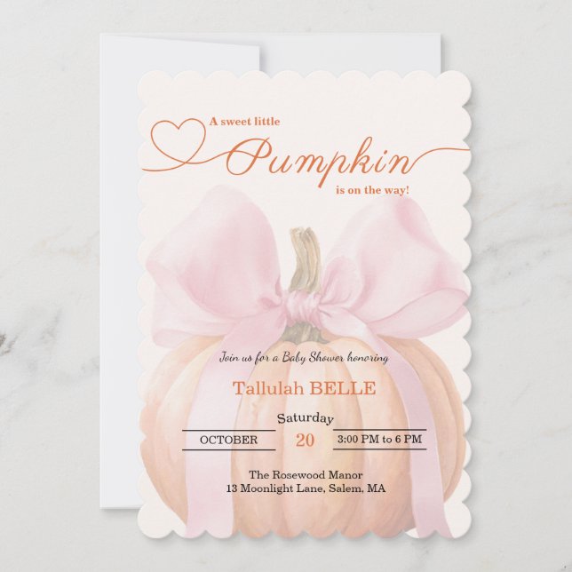 Little Pumpkin Baby Shower Invitation – Pink Bow (Front)