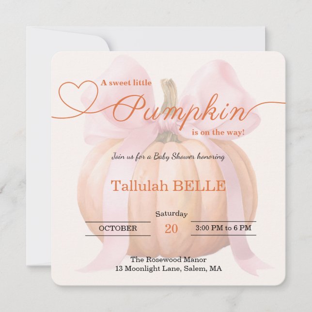 Little Pumpkin Baby Shower Invitation – Pink Bow (Front)