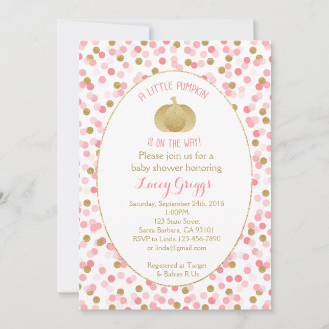 Little Pumpkin Baby Shower Invitation- Pink  Gold Invitation (Front)