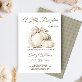 Little Pumpkin Baby Shower Neutral Cream Bow Invitation
