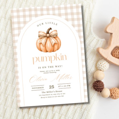 Little Pumpkin Baby Shower Neutral Gingham Bow Invitation