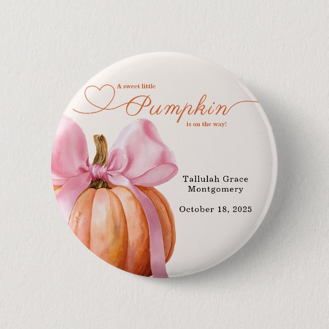 Little Pumpkin Baby Shower – Pink Bow Fall  Button (Front)