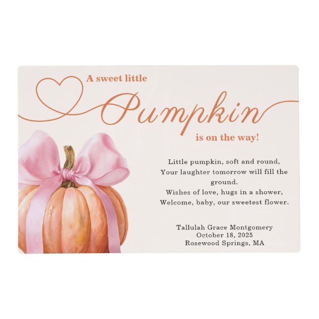 Little Pumpkin Baby Shower – Pink Bow Fall  Placemat (Front)