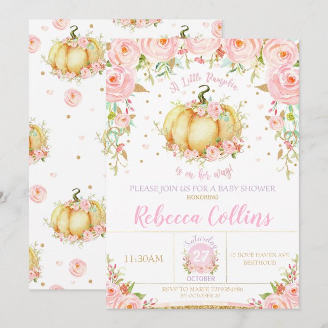 Little Pumpkin Baby Shower Pink Floral Baby Girl Invitation (Front/Back)