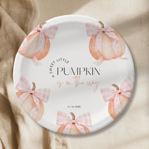 Little Pumpkin Baby Shower Pink Gingham Bow Paper Plates