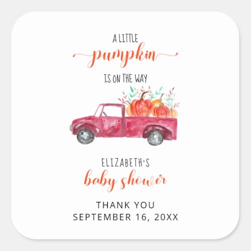 Little Pumpkin Baby Shower Red Truck Fall Autumn Square Sticker