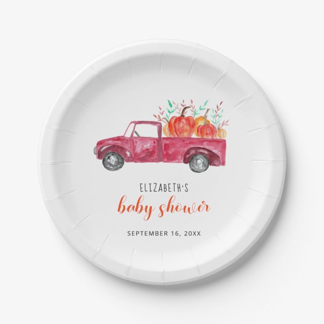 Little Pumpkin Baby Shower Red Truck Fall Cute Paper Plates (Front)