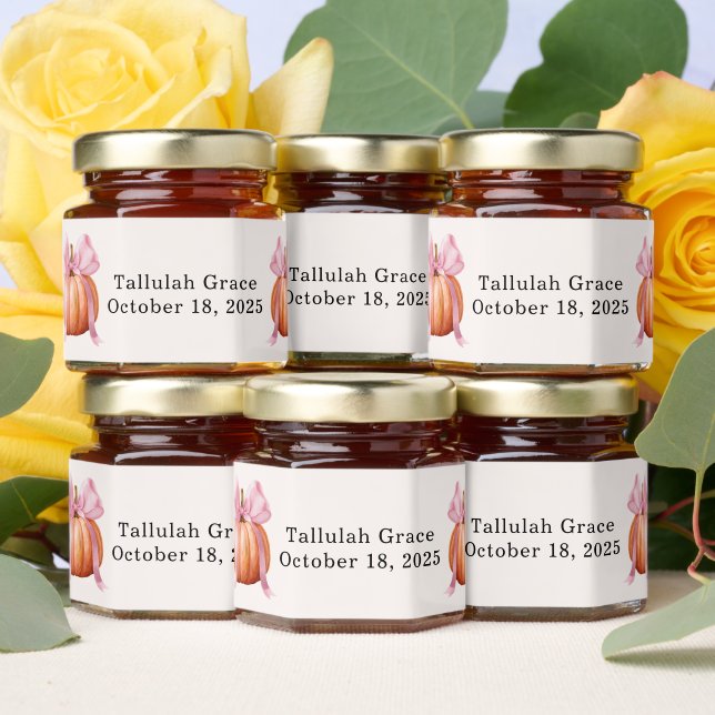 Little Pumpkin Baby Shower Ribbon – Romantic Salem Honey Jar Favors (Insitu)