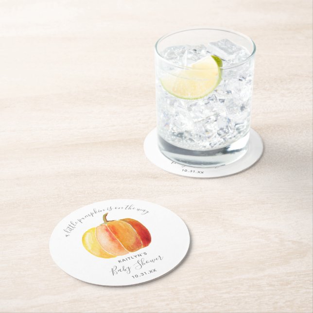 Little Pumpkin Baby Shower Round Paper Coaster (Insitu)