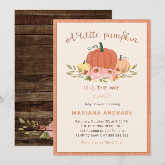 Little Pumpkin Baby Shower Rustic Fall Floral Cute Invitation (Front/Back)