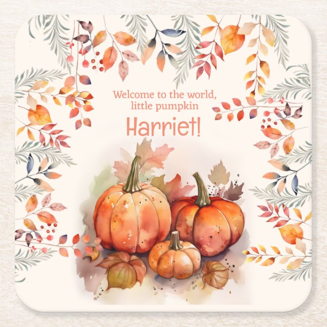 Little Pumpkin Baby Shower Square Paper Coaster (Front)