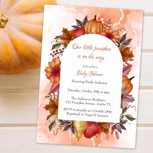 Little Pumpkin Baby Shower Watercolor Orange Invitation