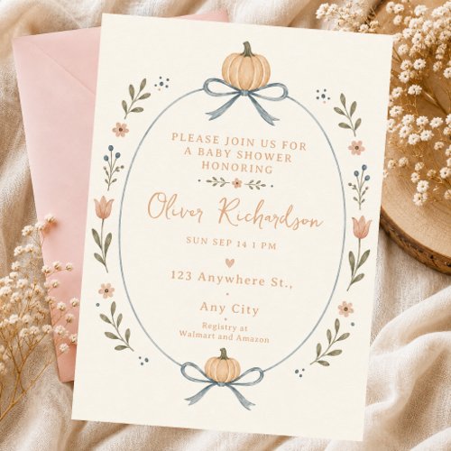 Little Pumpkin Baby Watercolor Bow Fall Autumn Invitation