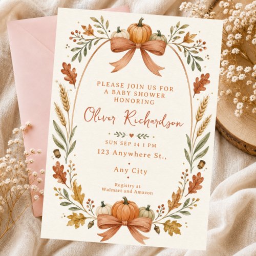Little Pumpkin Baby Watercolor Bow Fall Autumn Invitation