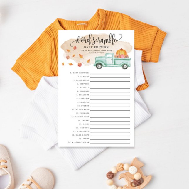 Little Pumpkin Baby Word Scramble Paper Game Card (Have some fun at your shower with this easy to play game!)