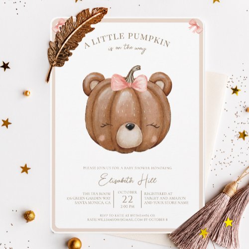 Little Pumpkin Bear Fall Baby Girl Shower Invitation