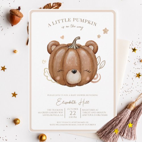 Little Pumpkin Bear Fall Baby Shower Neutral  Invitation