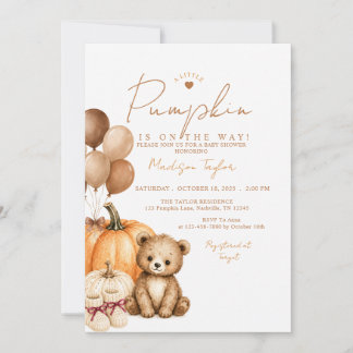 Little Pumpkin Bear Shoes Bow Ballon Baby Shower Invitation