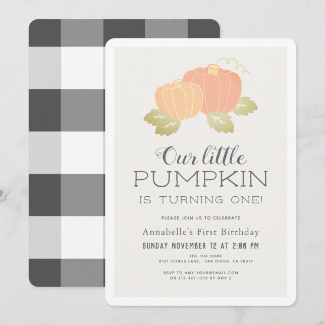 Little Pumpkin Beige Black Gingham 1st Birthday Invitation (Front/Back)
